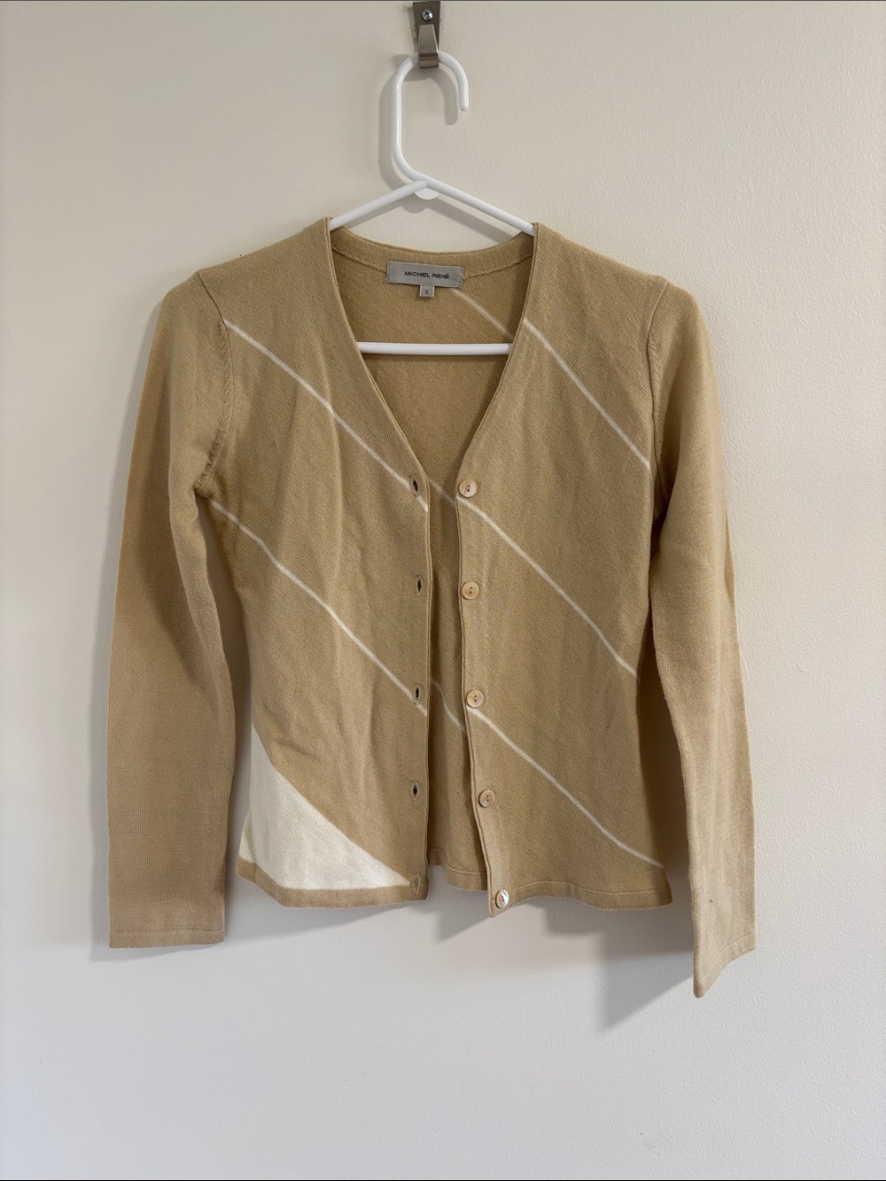 Michel René Tan and White Diagonal-Stripe Button Cardigan Size S